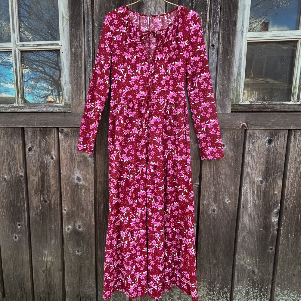 Free People Dress Maxi Burgundy Floral Sleeve Cottagecore Prairie Peasant sz L